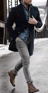 Men S Black Overcoat Blue Denim Jacket Grey Chinos Brown Leather Brogue Boots Winter Outfits Men Mens Fashion Suits Mens Winter Fashion