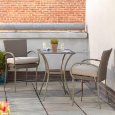 Hampton Bay Posada 3 Piece Balcony Height Patio Bistro Set With Gray Cushions 153 120 3bal Bistro Patio Set Bistro Set Patio Dining Chairs