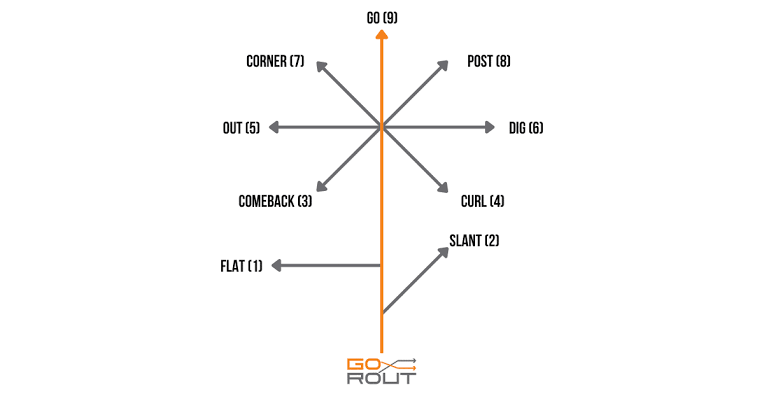 Standard football route tree showing post and dig breaks, AI generated
