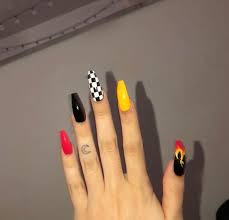 Yellow And Black Acrylic Nail Designs Acrylicnaildesigns Checkered Nails Fire Nails Grunge Nails