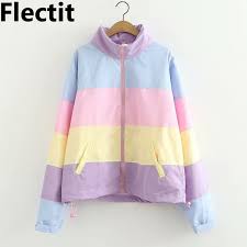 Sie hat überschnittene schultern und lange ärmel. Flectit Frauen Pastell Regenbogen Bomber Jacke Nette Farbe Block Duster Souvenir Sukajan Windjacke Madchen Harajuku Pastell Goth Jackets Aliexpress