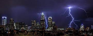 What An Amazing Shot Of Lightning Over The Clt Skyline Via Chris Austin Photographer Charlotte Skyline Photo City Skyline