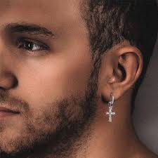 Diamond Iced Out Vermeil Hoop Dangle Hanging Iris Cross Earrings for Men &  Women