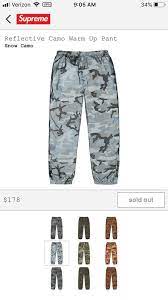 No one does a collab like supreme. Supreme Reflective Camo Warm Up Pant Snow Camo Size Med Confirmed Sold Out Fashion Clothing Shoes Accessories Mensclothing Pants Pants Mens Outfits Camo