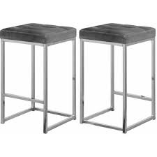 Grey Velvet Tufted Backless Counter Stool Chrome Base Set 2 Counter Stools Backless Bar Stools Counter Stools