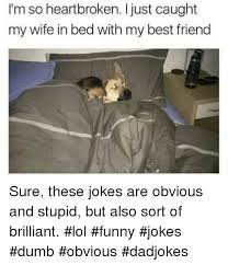 The best spice that can animate any kind of friendship is fun! I M So Heartbroken Ijust Caught My Wife In Bed With My Best Friend Sure These Jokes Are Obvious And Stupid But Also Sort Of Brilliant Lol Funny Jokes Dumb Obvious Dadjokes