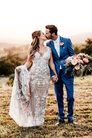How To Modernize Your Boho Summer Wedding Champagne Ivory Lace Bohemian Wedding Dress And Blue Gr Summer Wedding Suits Wedding Suits Groom Ivory Wedding Dress
