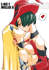 i-no, millia rage, arc system works, guilty gear, bad deviantart id, bad  id, highres, 2girls, bare shoulders, black hair, breast press, breasts,  fingerless gloves, gloves, gsears, hairband, hat, headband, heart, large  breasts,