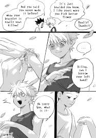 iwakki, gon freecss, killua zoldyck, hunter x hunter, absurdres, highres,  2boys, armlet, black shirt, blush, bracelet, child, comic, english text,  falling leaves, flower armlet, flower bracelet, green hair, happy, holding  hands, jewelry,