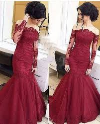 Mermaid Burgundy Long Sleeve Prom Dresses Tulle Amazing Lace Off The Shoulder Evening Dresses Party Gowns