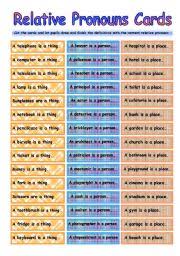 The basic relative pronouns are who, which, and that; Relative Pronouns Speaking Cards Esl Worksheet By Mish Cz