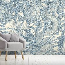 Flowers And Doodles Blue Wall Mural Wallsauce Uk Wall Murals Diy Bedroom Wallpaper Murals Wall Murals