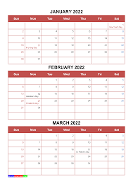 Free January February March 2022 Calendar With Holidays Four Quarters In 2020 January February March April May Calendar Printables