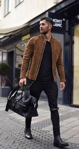 Donthiago With A Fall Streetwear Idea With A Brown Suede Button Up Jacket Black Shirt Black Rip Chelsea Boots Men Outfit Mens Outfits Stylish Mens Outfits