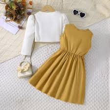 Girls Yellow Floral Print Sleeveless Fit & Flare Casual Dress with Shrug