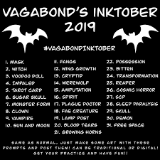 Vagabond S Inktober List By Vagabond Sunshine On Deviantart In 2020 Creative Drawing Prompts Drawing Challenge Inktober