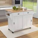 tunuo White Rolling Kitchen Island Cart with Rubber Wood Drop-Leaf ...