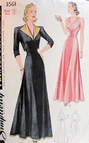 1940 Glam Evening Gown Jacket Pattern Plunging Low Back Flattering V Neckline Simplicity 3561 Vintage Dress Patterns Vintage Gowns Evening Dress Patterns