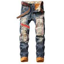 Men S Winter Warm Ripped Jeans Pants Fleece Lined Destroyed Denim Trou Geekbuyig Denim Jeans Ripped Streetwear Jeans High Jeans