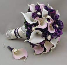 Bridesmaid bouquet with orange flowers. Purple Lavender Real Touch Calla Lily Wedding Bouquet Real Touch Lavender White Calla Lilies Purple Hydrangea Rhinestone Pearl Accents Calla Lily Wedding Lily Bouquet Wedding Lily Wedding
