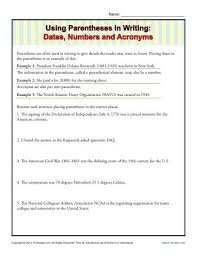 Using Parentheses In Writing Dates Numbers And Acronyms Writing Practice Worksheets In Writing Writing Practice