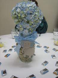 Centerpieces Vases Filled With Peanuts Blue Hydranges And Eleph Elephant Baby Shower Centerpieces Boy Baby Shower Centerpieces Elephant Baby Shower Decorations