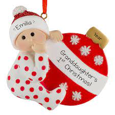 Grandparents our first christmas simple baby photo snowflake pewter christmas ornament. Personalized Granddaughter S 1st Christmas Polka Dotted Pjs And Red Ball Ornament Personalized Ornaments For You
