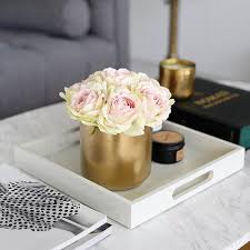 New artificial white rose flowers in silver mercury glass cube vase home decor. Mercer41 Faux Vintage Rose Floral Arrangement In Vase Rose Floral Arrangements Gold Vases Floral Arrangements