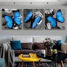 Ships free orders over $39. 3pcs Set Blue Butterfly Wall Art Canvas Painting Abstract Black White Canvas Art Pictures Modern Home Decor Canvas Painting Posters For Living Room Bedroom Office No Frame Wish
