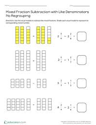 Access our adding mixed numbers worksheets to brighten your prospects of finding the sum of two or three mixed numbers with like and unlike denominators. Mixed Fraction Subtraction With Like Denominators No Regrouping Worksheet Education Com