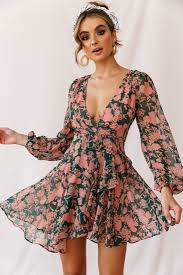 Wisteria Lane Long Sleeve Tea Dress Forest Green Boho Chic Dress Casual Party Dresses Tea Dress