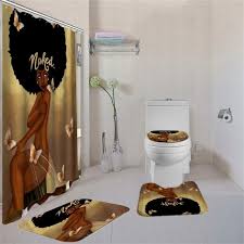 Black shower curtain and rug set. 4 Pcs Bathroom Sets With Shower Curtain African American Girl Shower Curtain Bath Rug Sets Toilet Cover Bath Mat Set With Hooks Street Market Africa