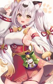 Rule 34 Dev - general:[bag bell_necklace blush blush_lines  breasts clothed clothing dress female grey_hair hair  jewelry koban_(coin) looking_at_viewer necklace paw_pose  pigtails pose solo yellow_eyes] artist ...