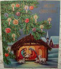 Gold Accents Nativity Set Under The Christmas Tree 40 S Vintage Greeting Card Merry Christmas To All Vintage Christmas Cards Vintage Greeting Cards