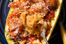 We love zucchini boats, i originally got the inspiration for this dish from these sausage stuffed zucchini boats, another stuffed zucchini favorite! Creamy Tomato Shrimp With Spaghetti Squash Recipe How To Cook Spaghetti Squash Eatwell101