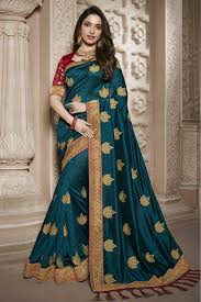 What color goes with english pea green? Silk Embroidery Saree In Peacock Blue Colour