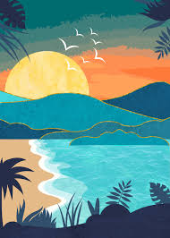Sunset On Hidden Beach Surf Art Beach Illustration Wave Illustration