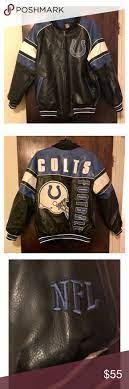 Nfl Indiana Colts Faux Leather Jacket Other Than The Tear On Right Sleeve See Repair And Damage Rest Of Jacket Is Faux Leather Jackets Leather Jacket Jackets