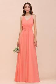 Glamorous V Neck Coral Chiffon Bridesmaid Dress Cheap With Ruffle Coral Bridesmaid Dresses Bridesmaid Dresses Chiffon Bridesmaid