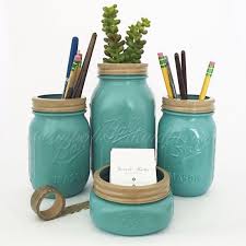 Mason Jar Desk Set Desk Organization Painted Mason Jars Office Supplies School Supplies Te Desk Organization Diy Desk Organization Diy Office Organization