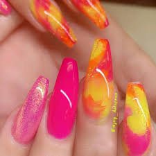 Neon Yellow And Pink Nails Bright Summer Acrylic Nails Neon Orange Nails Summer Acrylic Nails French neon pink nails with art.