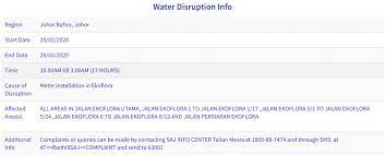 Dapatkan maklumat semasa mengenai gangguan bekalan air berjadual dan tidak berjadual di kawasan anda. Gangguan Bekalan Air Di Johor Dari 24 Feb Hingga 27 Feb