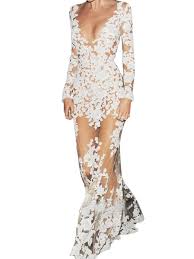 White Plunge Sheer Lace Long Sleeve Fishtail Bodycon Maxi Dress Choies Com Maxi Gown Dress Long Sleeve White Gown Bodycon Maxi Dresses
