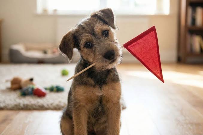 Puppy holding a red flag