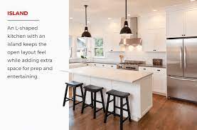 An L Shaped Kitchen With An Island Keeps The Open Layout Feel While Adding Extra Space For Prep Kitchen Design Modern Small Kitchen Layout Kitchen Layout Plans
