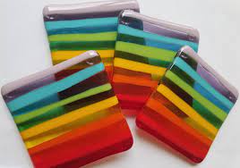 These Are A Set Of 4 Funky Vibrant Fused Glass Coasters In A Rainbow Of Color Design Each Piece Of Glass Glass Fusing Projects Fused Glass Fused Glass Jewelry