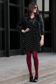 Black And White Polka Dot Dress With Black Tights Black And White Polka Dot Print Mini Dress With Cropped Leather Jacket And Burgundy Tights Work Style Inspiration Fashion Stockings Outfit Wear Black Dresses