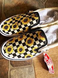 Black And White Checkered Vans With Sunflowers Sunflower Custom Hand Painted Vans Checkerboard Classic Slip On Shoe New Trending Now Vans Slip On Shoes Slip On Shoes Painted Vans