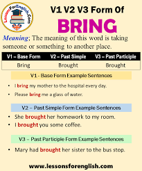 Past Tense Of Bring Past Participle Form Of Bring Bring Brought Brought V1 V2 V3 Lessons For English When a past participle comes without an auxiliary verb, it generally works as an adjective in the sentence. past tense of bring past participle