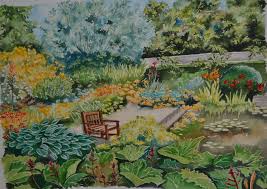 Aquarelle Paysage Un Jardin Extraordinaire Aquarelle Jardin Peinture Paysage Jardin Vert Fleurs Plantes Arbres Zen Bassin P Garden Painting Garden Art Painting